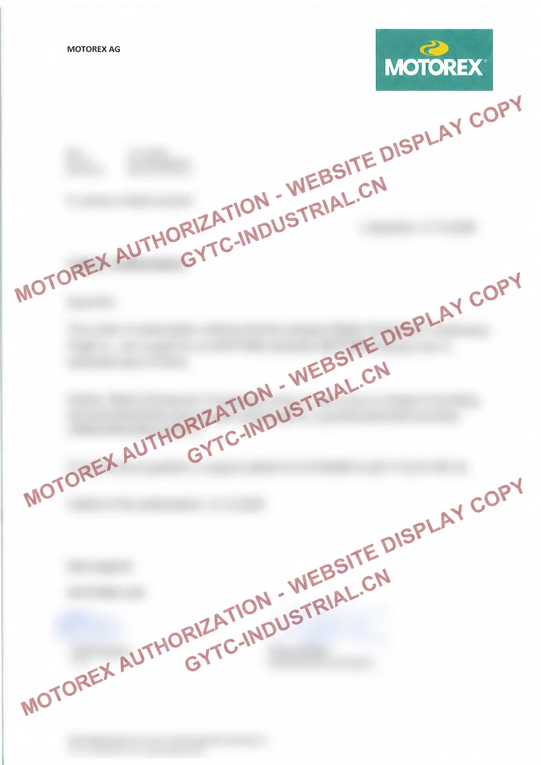 MOTOREX AG 授权文件官网展示副本(已作模糊及水印处理,非原件)